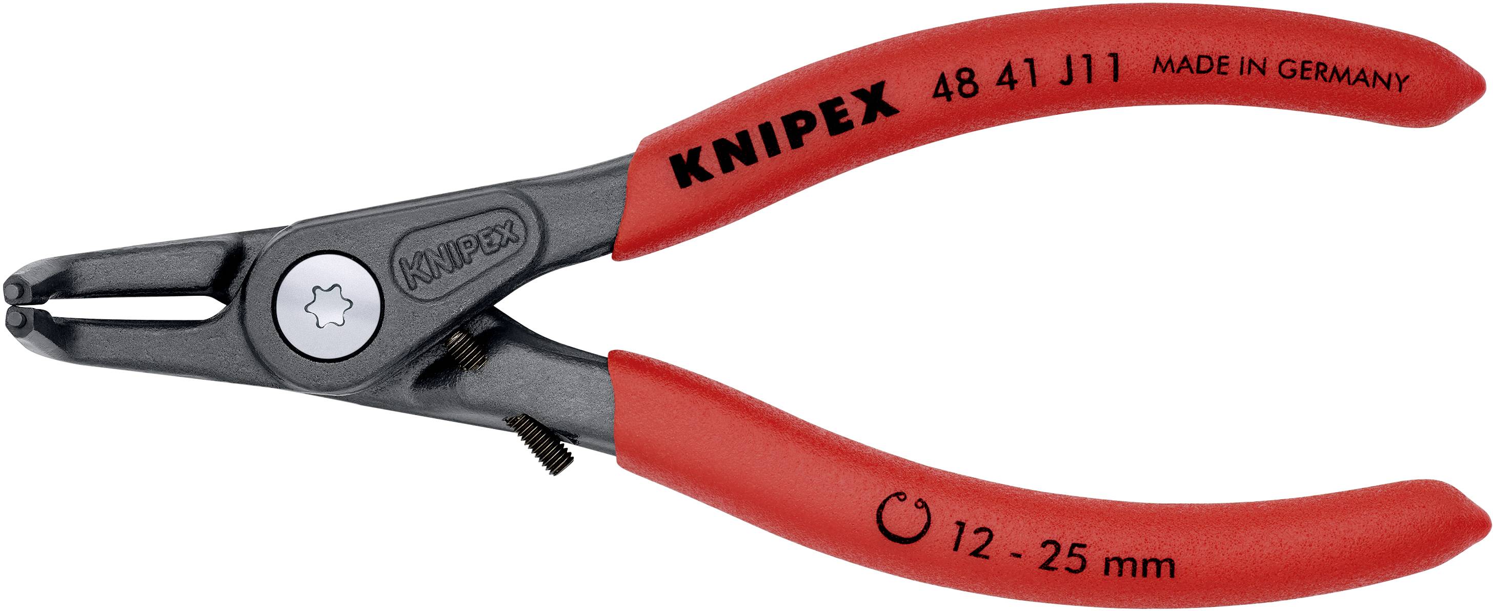 Rote Zange mit Griffen, Aufschrift 'Knipex 48 41 J11 Made in Germany', Spannbereich 12-25 mm. Designed für präzise Arbeiten.