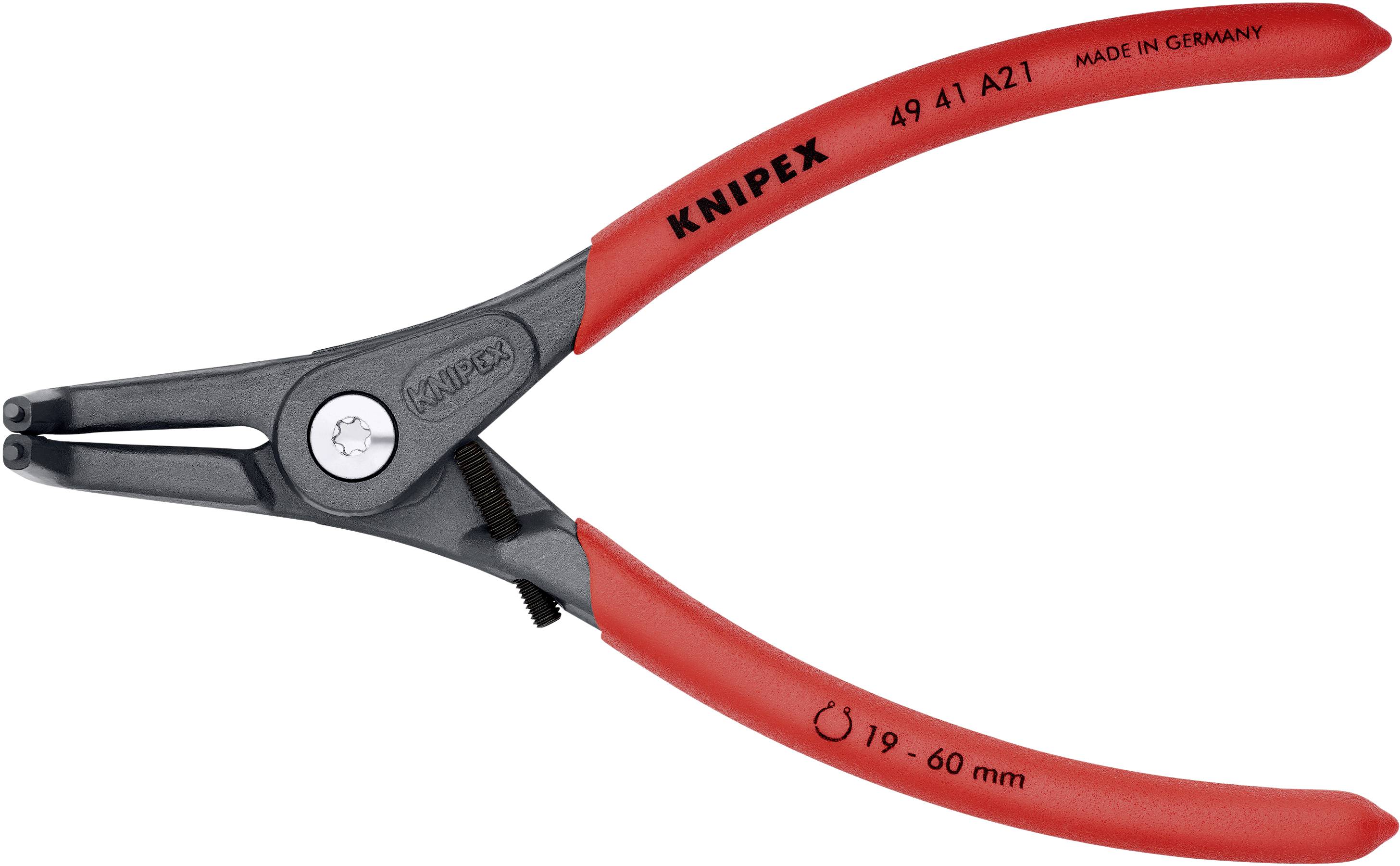 Rote Knipex-Seegeringzange mit grauem Gelenk, geeignet für Seegerringe von 19-60 mm, hergestellt in Deutschland.