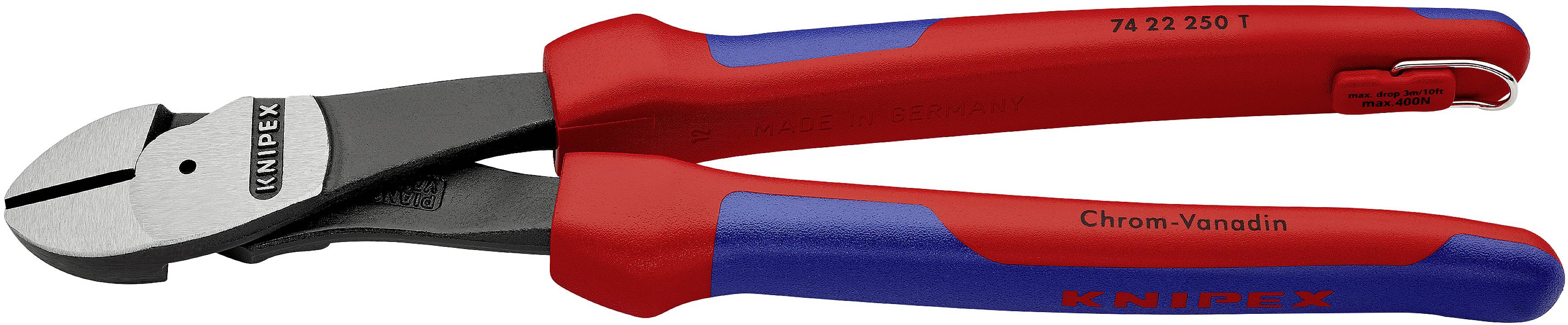 Seitenschneider mit roten und blauen Griffen, gekennzeichnet mit 'Knipex' und 'Chrom Vanadin', geeignet zum präzisen Schneiden von Drähten.