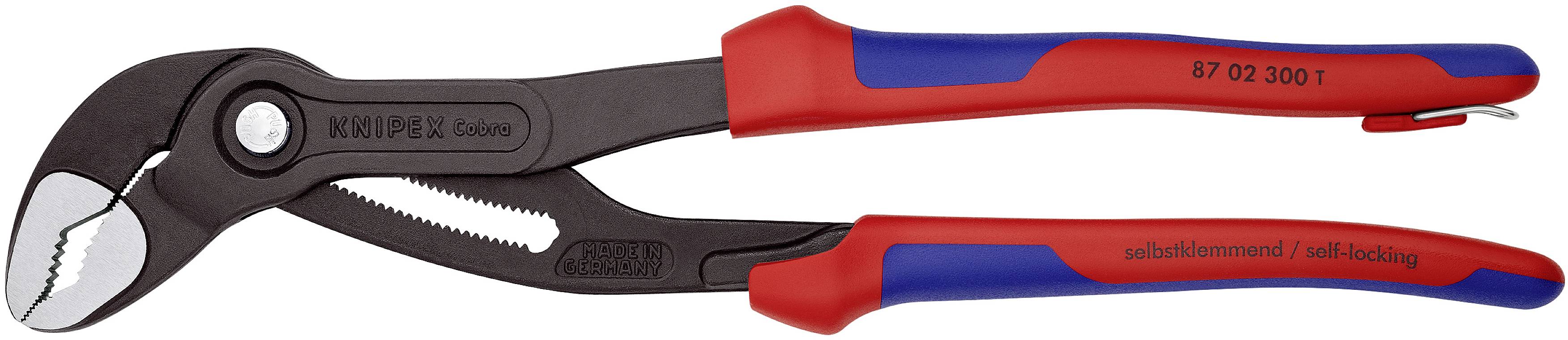 Eine rote und blaue Rohrzange mit gebogener Backe und einstellbarem Griff, geeignet zum Greifen und Festhalten von Rohren und Muttern.