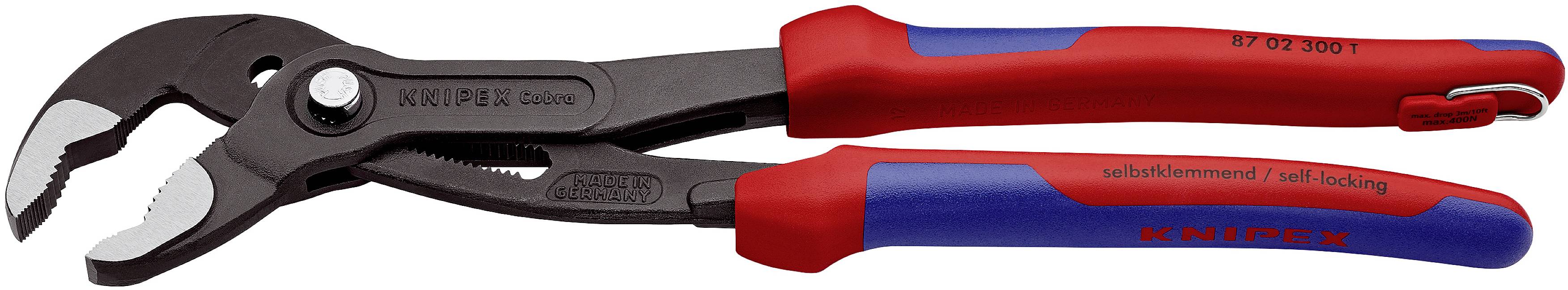 Eine rote und blaue Rohrzange der Marke Knipex mit verstellbarem Gelenk für verschiedene Rohrgrößen.