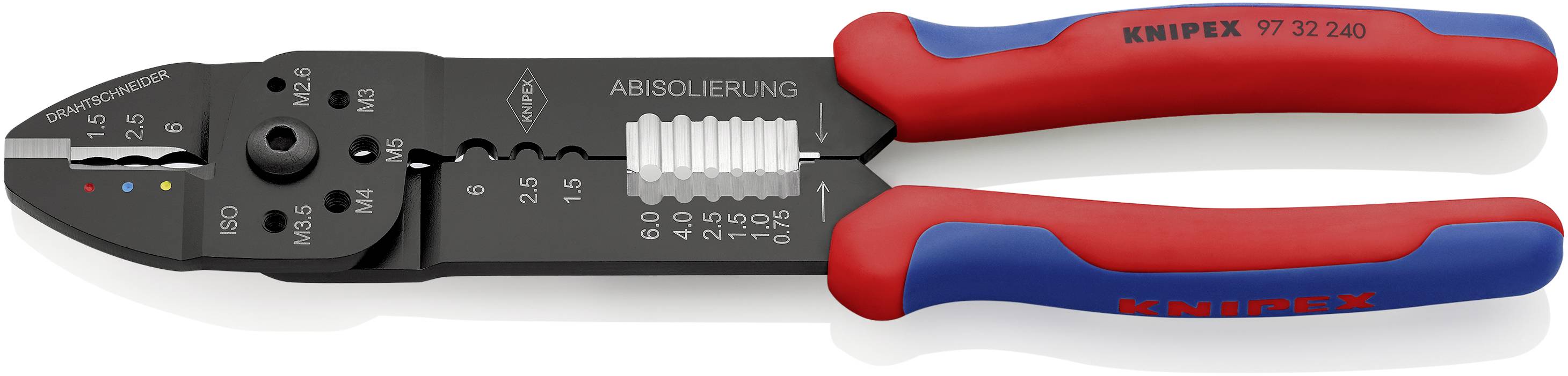 Abisolierzange mit roten und blauen Griffen, Skala von 0,5 bis 6, abgebildet; geeignet zum Schneiden und Abisolieren von Kabeln.