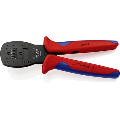 Zange mit roten Griffen und Aufschrift 'Knipex' auf dem schwarzen Kopf. Geeignet für AWG 24-16. Verwendet für Mini-Fit Steckverbinder.