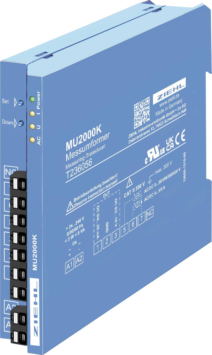 Blaues ZENI M2000K-Messmodul in 3D-Darstellung, mit Klemmleiste und Status-LEDs an der Vorderkante.