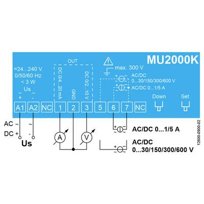 Schaltplan für ein MU2000K-Stromzähler, der AC/DC-Versorgungsklemmen A1, A2, NC und Eingangsklemmen für Strom- und Spannungsmessung zeigt.