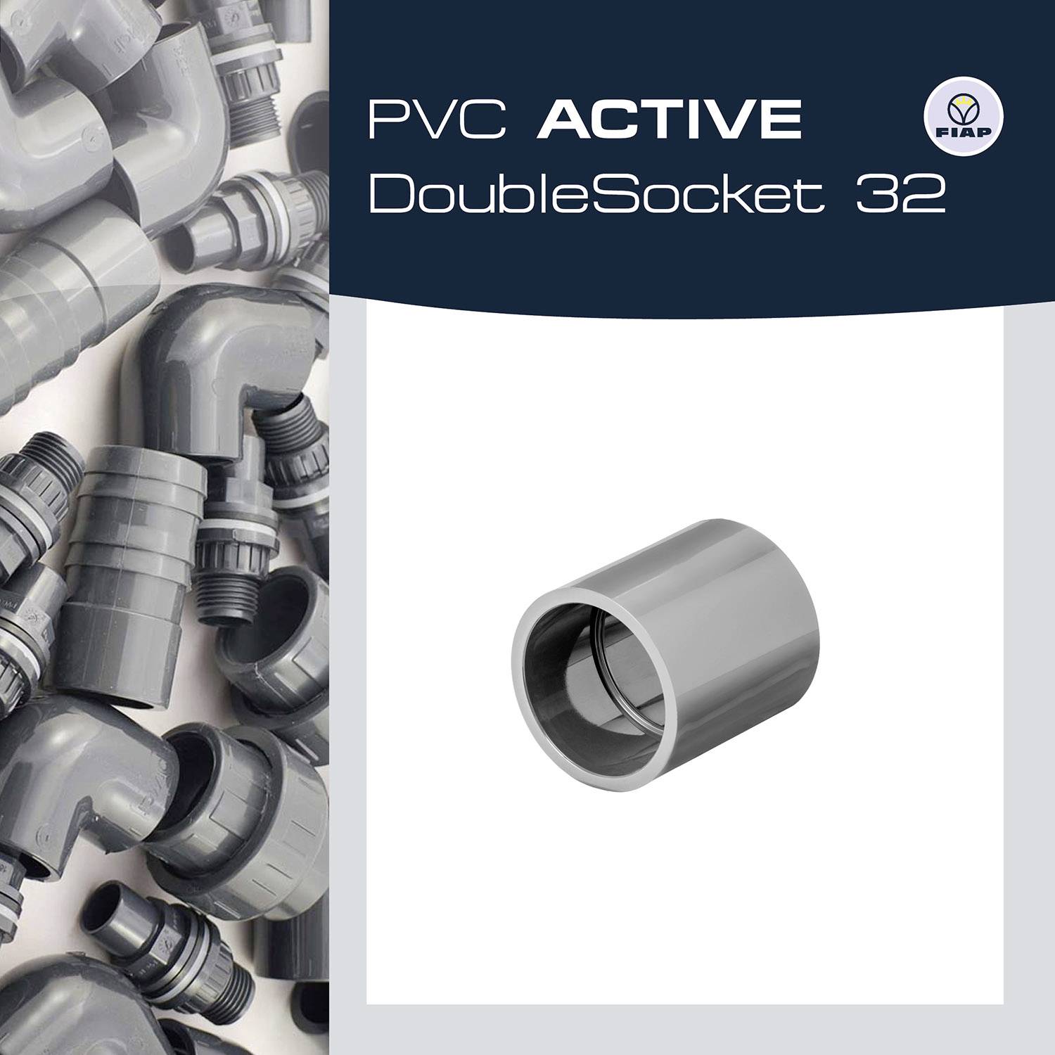 Graues PVC-Doppelmuffenrohr der Marke ACTIVE, Modell 32, neben einem Stapel grauer Rohrstücke.