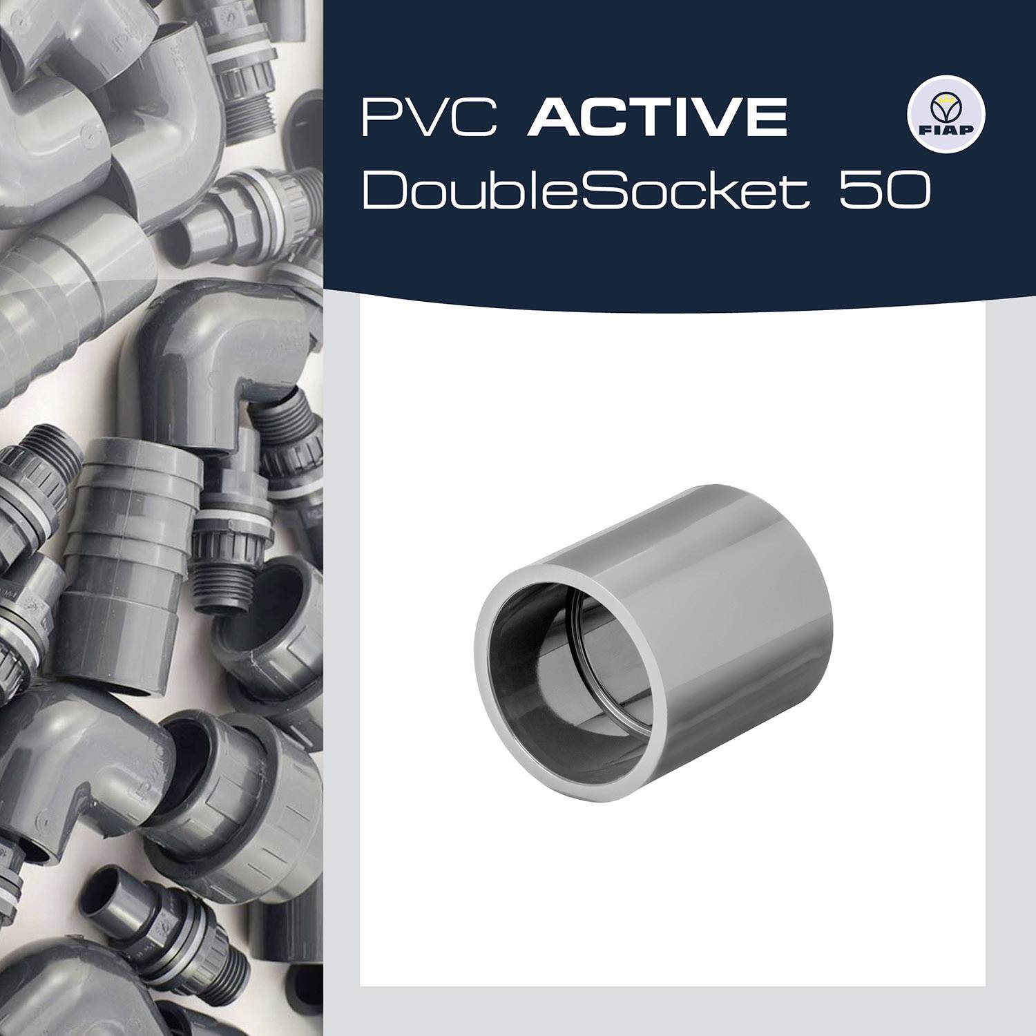Mehrere graue PVC-Rohrteile, rechte Seite zeigt ein doppeltes Steckteil. Text: 'PVC Active DoubleSocket 50'.