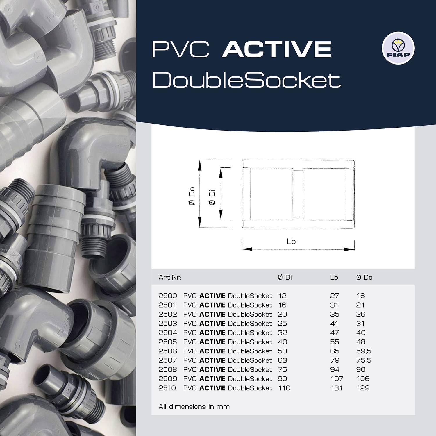 'PVC ACTIVE DoubleSocket' Steckverbinder in verschiedenen Größen, mit technischem Diagramm und Tabelle der verfügbaren Modelle und Maße links.