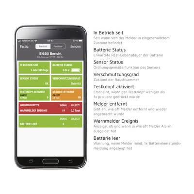 Ein Smartphone zeigt eine App-Oberfläche zur Überwachung eines Rauchmelders. Statusanzeigen umfassen 'In Betrieb', 'Batterie Status' und 'Sensor Status'.