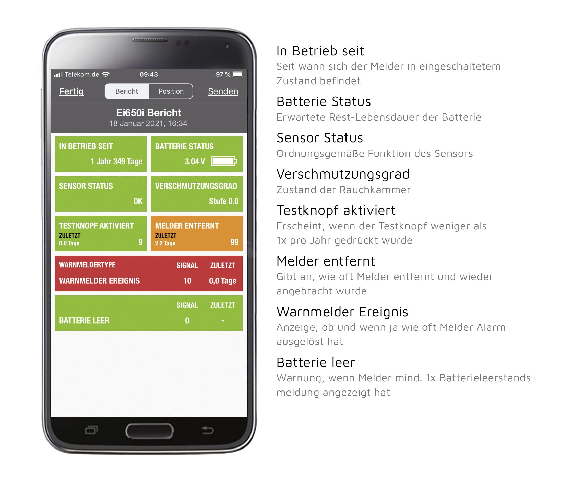 Smartphone zeigt Bildschirm mit Statusbericht für einen Rauchmelder. Es gibt Angaben zu Batteriezustand, Sensorstatus und Warnmeldungen.