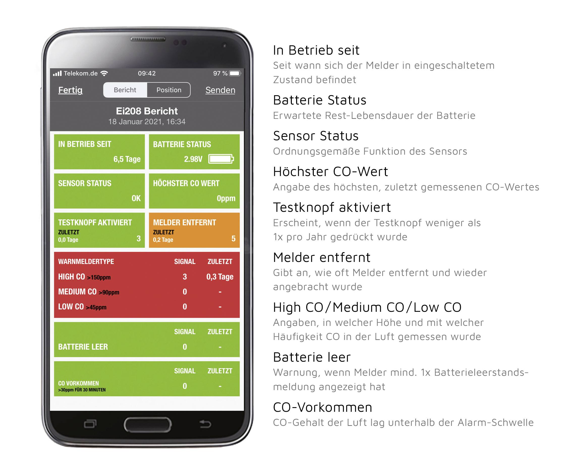 Ein Smartphone zeigt eine App-Oberfläche mit Informationen zu einem Brandschutzmelder, inklusive Batteriestatus und CO-Wert-Alarmen.