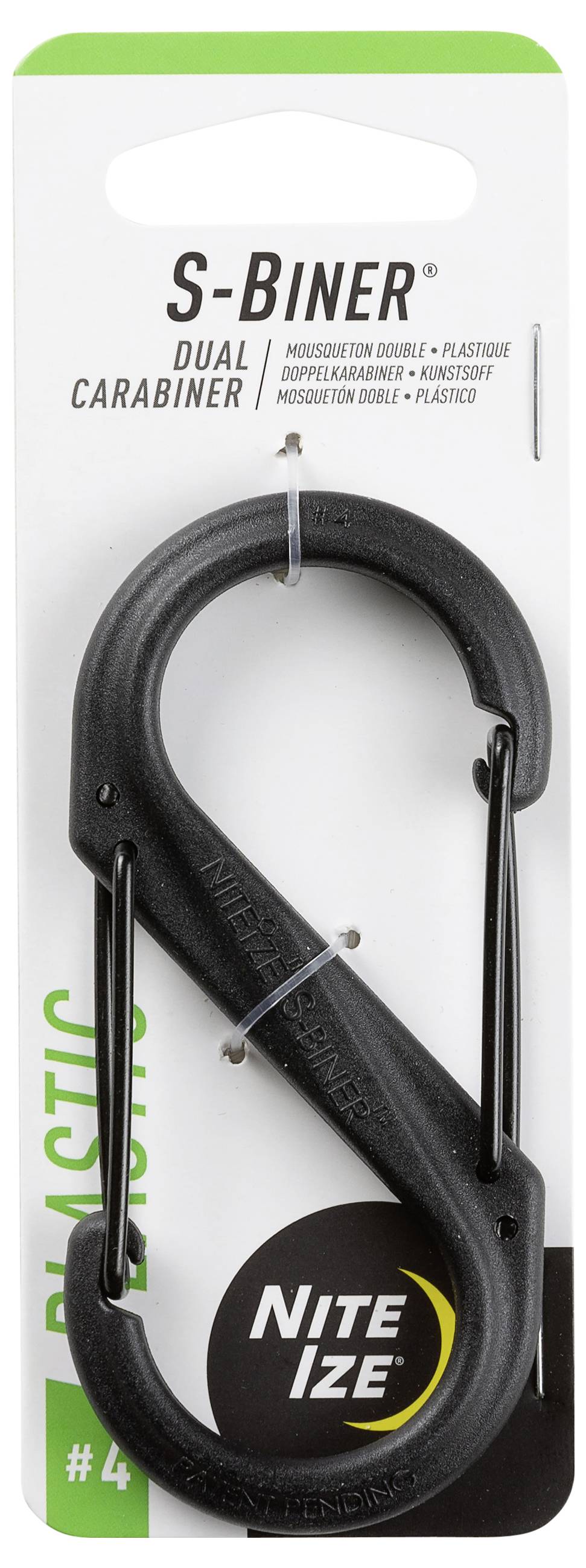 Nite Ize S-Biner Dual Karabiner #4, schwarz, aus Kunststoff, auf Verpackungskarte mit Marken- und Produktdetails.
