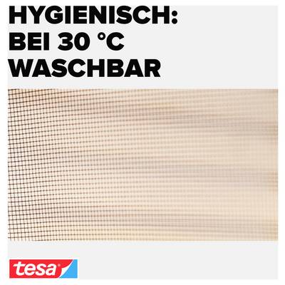 Werbebild mit Aufdruck 'HYGIENISCH: BEI 30 °C WASCHBAR' und tesa-Logo, zeigt ein feinmaschiges Gewebe als Hinweis auf waschbaren Hygieneschutz.