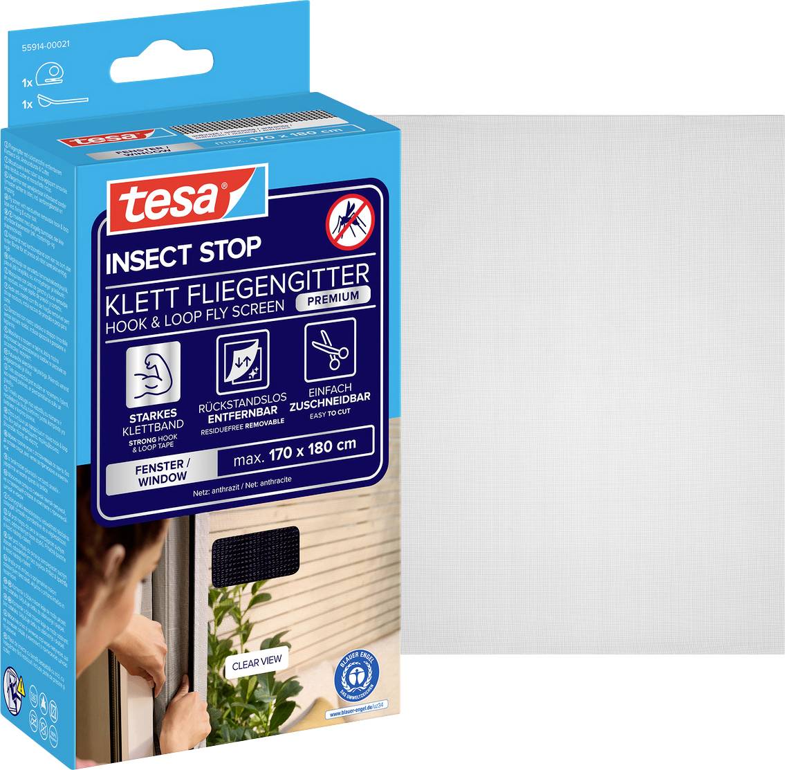 Produktbox für tesa Insect Stop Klett-Fliegengitter, gekennzeichnet mit „Premium", passend für Fenster bis 170 x 180 cm.