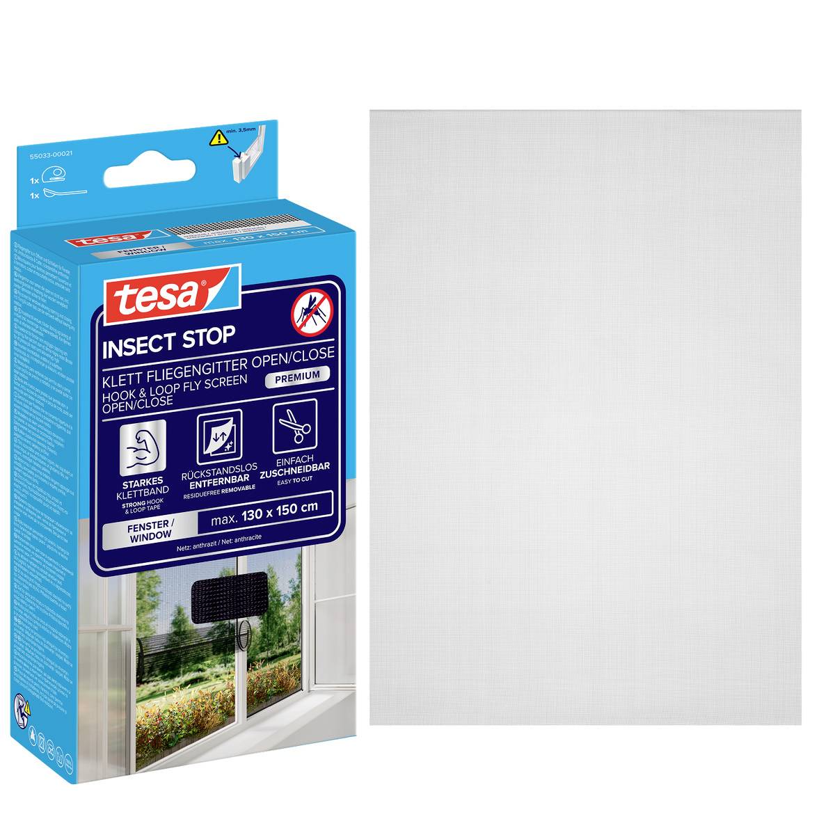 Verpackung für „tesa Insect Stop" Fenster-Insektenschutzgitter, zeigt ein weißes Gitterpanel und eine blaue Schachtel mit zum Öffnen/Schließen bestimmter Klettverschluss-Befestigung.