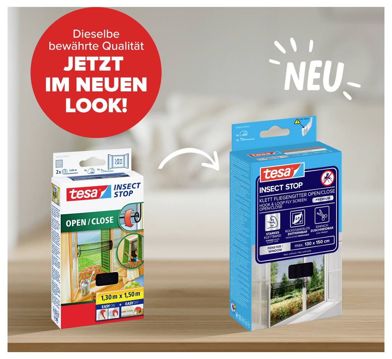 Werbeabbildung mit altem und neuem tesa Insect Stop Verpackungsdesign; Pfeil zeigt das neue blaue 'NEU'-Packaging rechts neben der alten Box links.