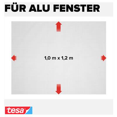 Werbegrafik für ALU-FENSTER: graues Rechteck mit roten Pfeilen an allen Seiten, Maßangabe '1,0 m x 1,2 m', tesa-Logo unten links.