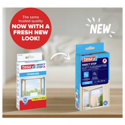 Werbung zeigt zwei tesa Insektenschutz-Verpackungen: links altes Standard-Design, rechts neues blaues Design mit Pfeil und Text 'NEW'.