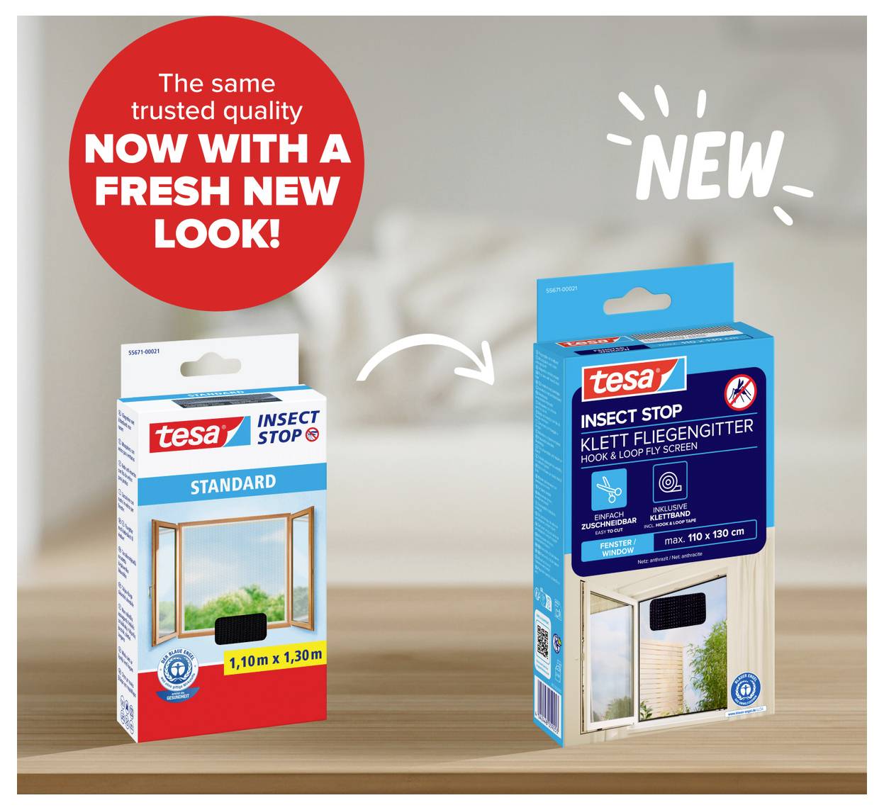 Werbegrafik für 'tesa Insect Stop': alte Standard-Verpackung links, neue blaue Verpackung rechts, verbunden durch Pfeil und 'NEW'-Hinweis.<br>