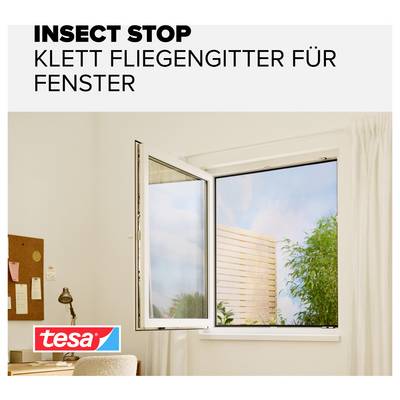Werbegrafik für 'INSECT STOP' und 'KLETT FLIEGENGITTER FÜR FENSTER': Offenes Fenster mit eingesetztem Fliegengitter, draußen Terrasse und Pflanze sichtbar.<br>