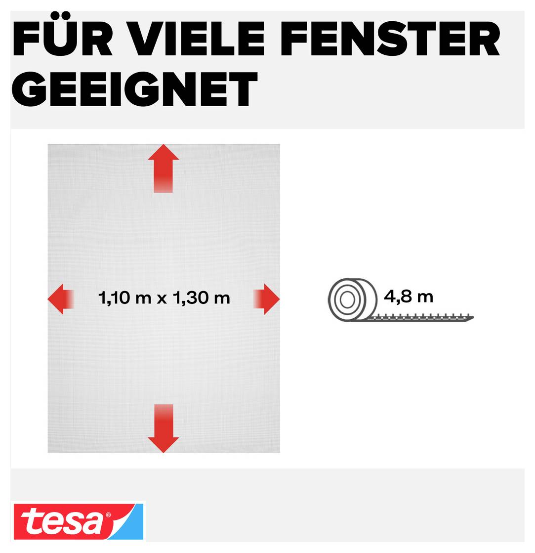 Werbegrafik: 'FÜR VIELE FENSTER GEEIGNET'; zeigt ein Fenster mit Maß '1,10 m x 1,30 m' und eine Rolle Klebeband/Länge '4,8 m'.