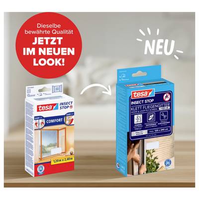 Werbeanzeige für tesa Insektenschutz: alte Verpackung links und neues blaues Design rechts, mit Hinweis 'Dieselbe bewährte Qualität, jetzt im neuen Look!' und 'Neu'.