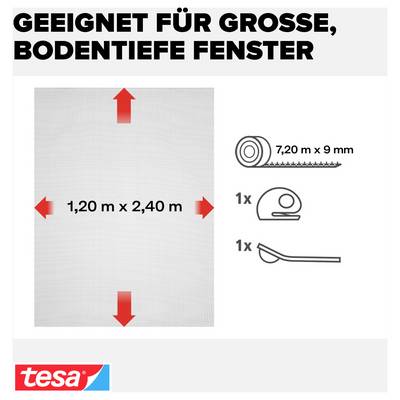 Infografik zu einem Montagekit für große bodentiefe Fenster: geeignet für 1,20 m x 2,40 m; enthält 7,20 m x 9 mm Band, 1x Rolle und 1x Hebelwerkzeug.