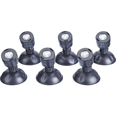 Sechs schwarze und silberne LED-Lichter mit Saugnapfbasen, in zwei Reihen angeordnet.