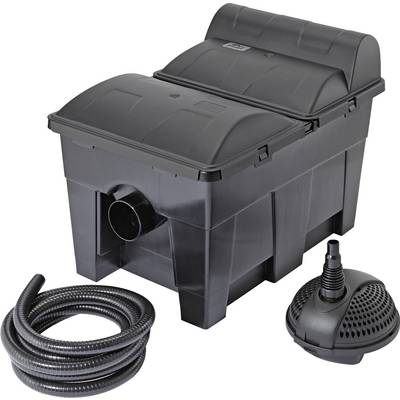 Ein schwarzes Teichfiltersystem mit einem großen Behälter, gewundenem Schlauch und einer Pumpe. Geeignet für Gartenteiche zur Aufrechterhaltung der Wasserklarheit.