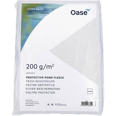 Teichschutzvlies 200 g/m², Verpackung mit Text in mehreren Sprachen, Markenname 'Oase' und Produktabbildung mit Abmessungen 2x5m.