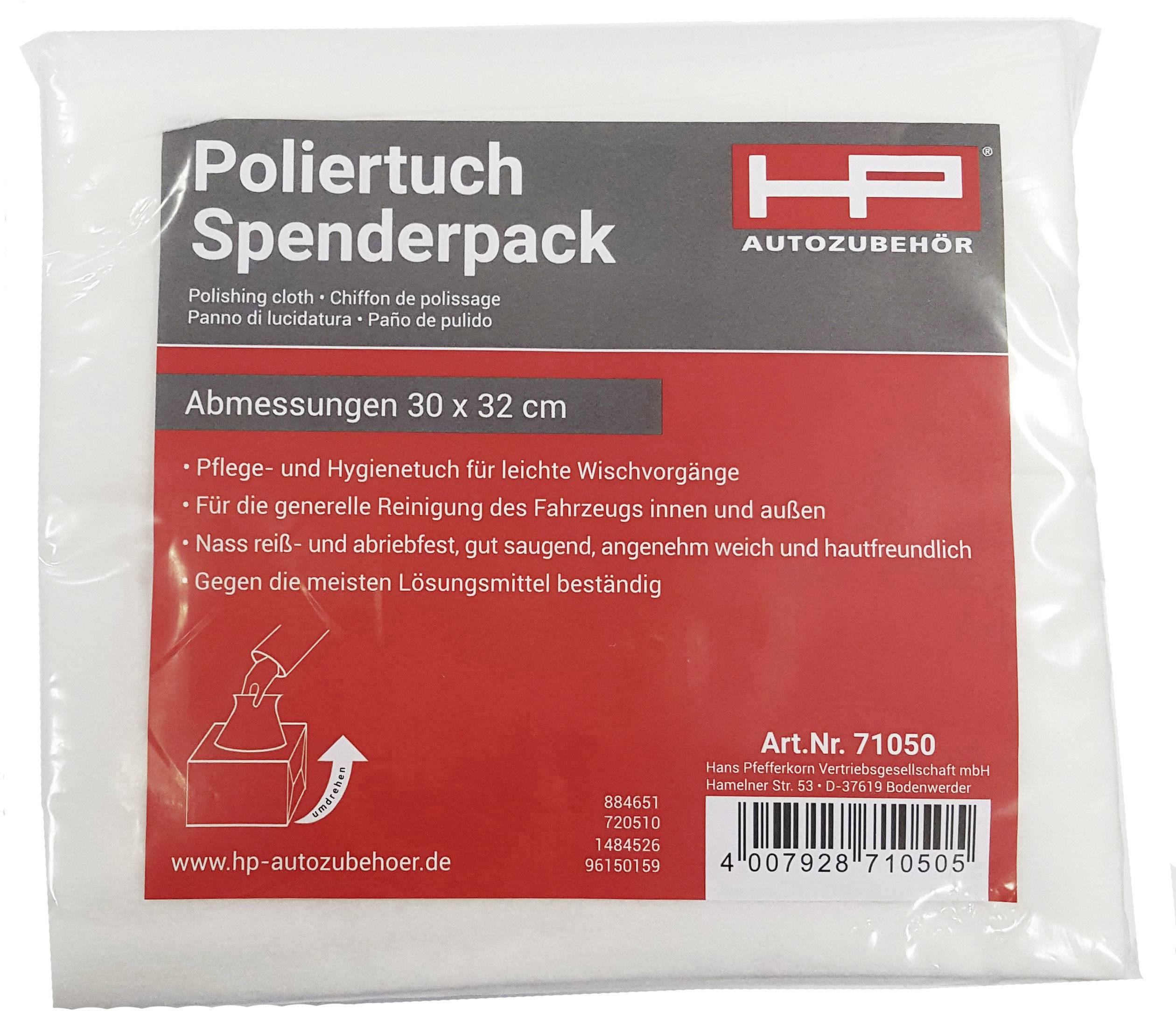 'Poliertuch Spenderpack', rote Verpackung, Größe 30x32 cm, für Reinigung und Politur. Bild von Hygienetuch und Anwendungstext.
