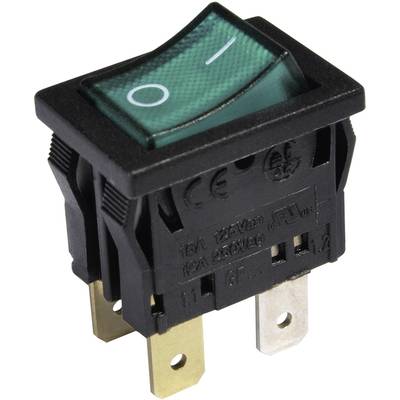 Ein grüner Kipphebel-Schalter mit Ein- und Aus-Position, geeignet für elektrische Geräte. Zeigt Schaltstrom und Spannungsspezifikationen an.