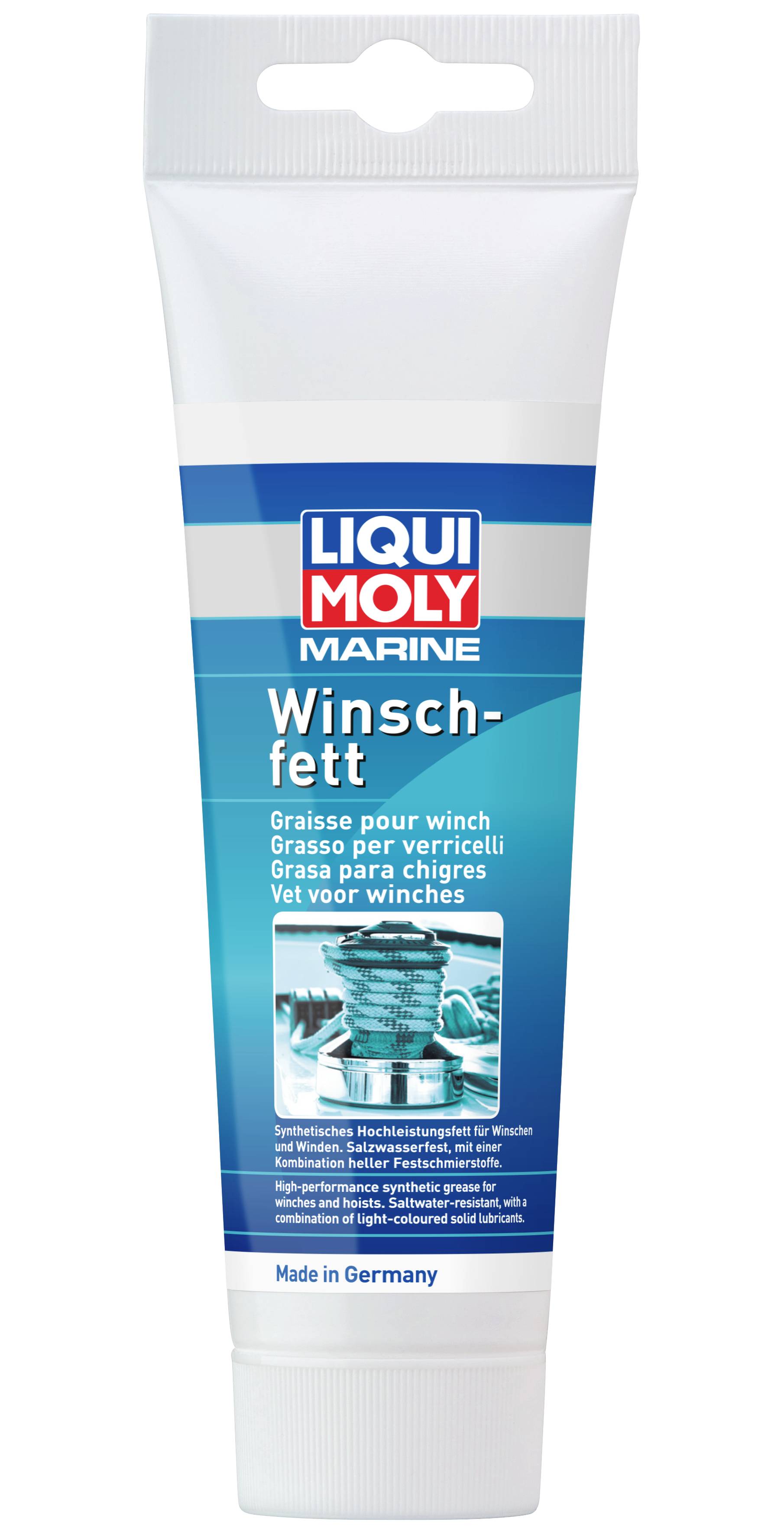 Tube von LIQUI MOLY Marine 'Winsch-fett' Winde Schmierfett, blaues Etikett, hergestellt in Deutschland.