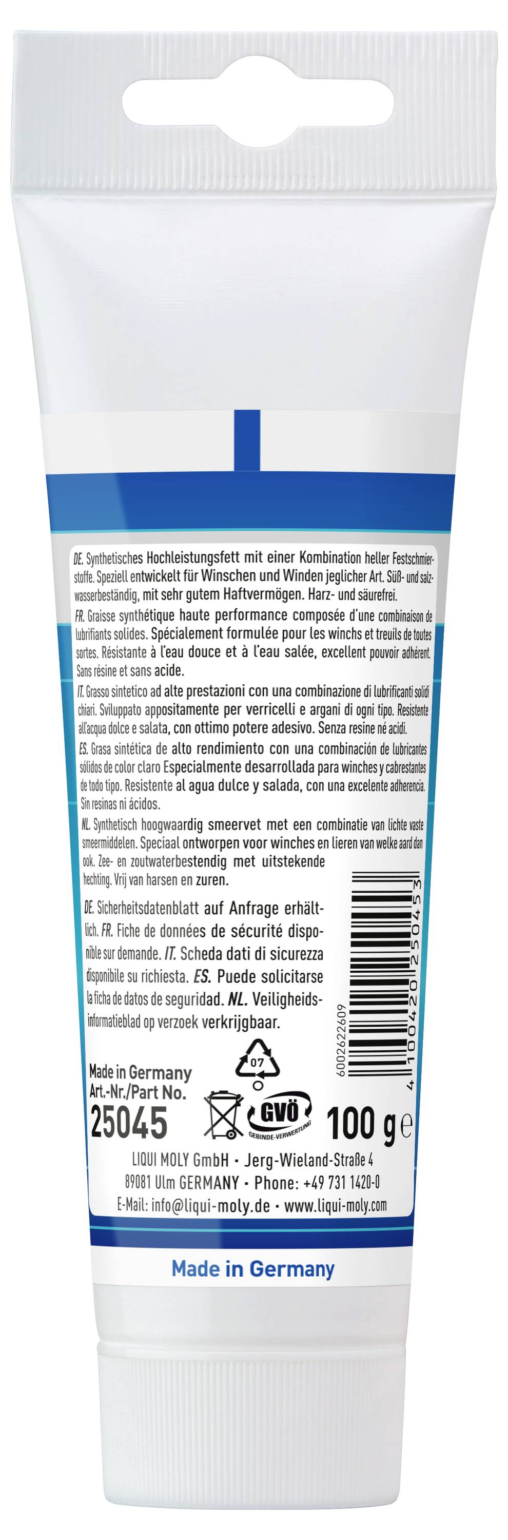 Weiße Kosmetiktube mit der Aufschrift „Made in Germany" mit kleingedruckten Produktinformationen und einem Barcode auf der Rückseite, Größe 100 g.