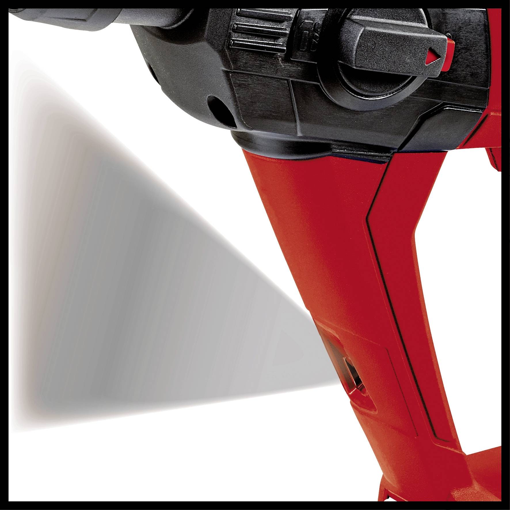 Rotes Elektrowerkzeug mit schwarzem Griff, teilweise sichtbar, vor weißem Hintergrund.