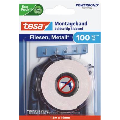 Eine Packung beidseitiges Montageband der Marke Tesa, geeignet für Fliesen und Metall, hält bis zu 100 kg/m.