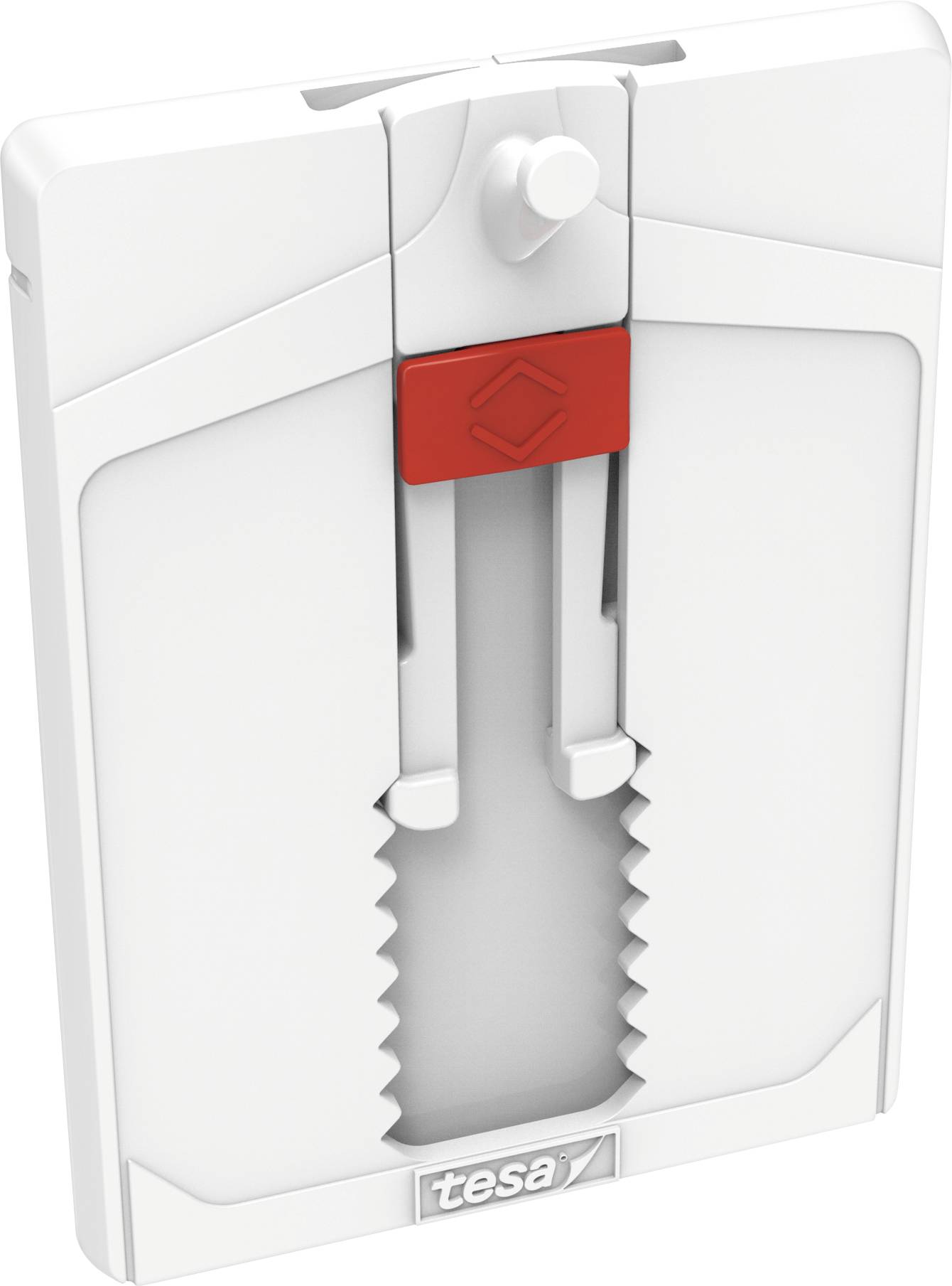 Weißer, rechteckiger Wandhalter von tesa mit roter Verriegelung zur Befestigung.
