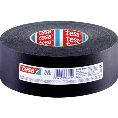 Eine schwarze Rolle Tesa-Klebeband mit roten und weißen Etiketten, gekennzeichnet mit '50 m' und '50 mm'.