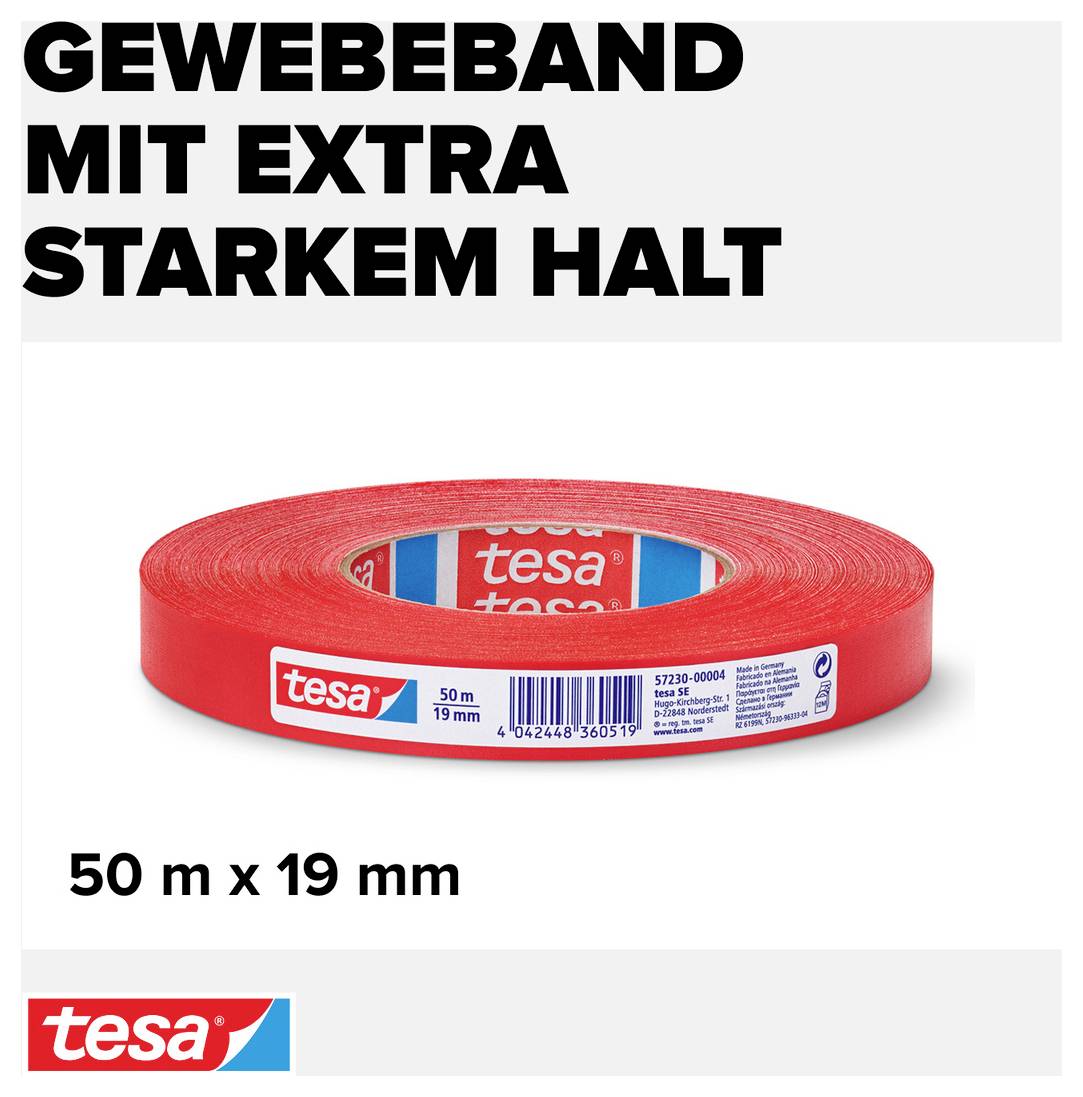'Gewebeband mit extra starkem Halt' in roter Farbe, 50 m x 19 mm, auf weißem Hintergrund präsentiert.
