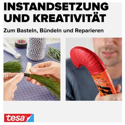 'Instandsetzung und Kreativität: Zum Basteln, Bündeln und Reparieren.' Zwei Hände verwenden Band zum Wickeln von Materialien.