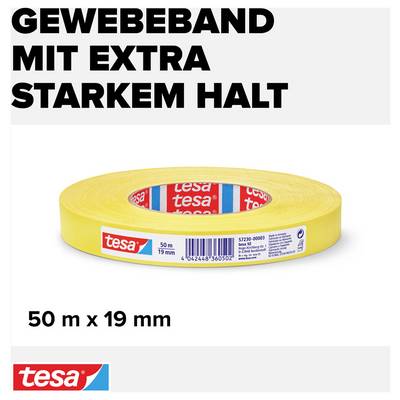 Eine Rolle gelbes Gewebeband der Marke 'tesa', 50 m x 19 mm, mit extra starkem Halt.