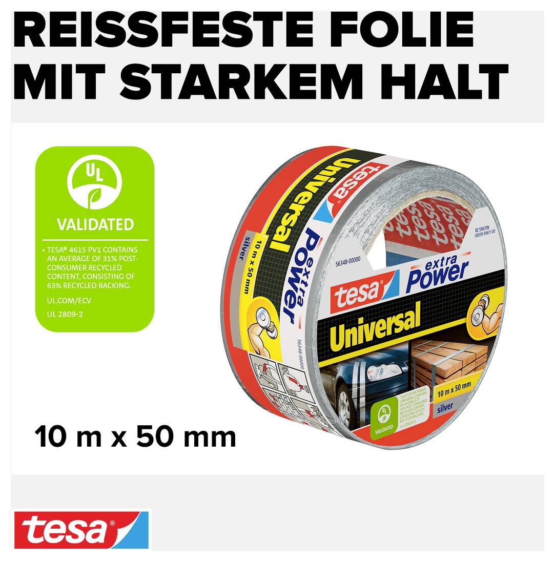 'Reißfeste Folie mit starkem Halt. tesa extra Power Universal, 10 m x 50 mm, validiert von UL, gewebebasiert, recyceltes Trägermaterial.'