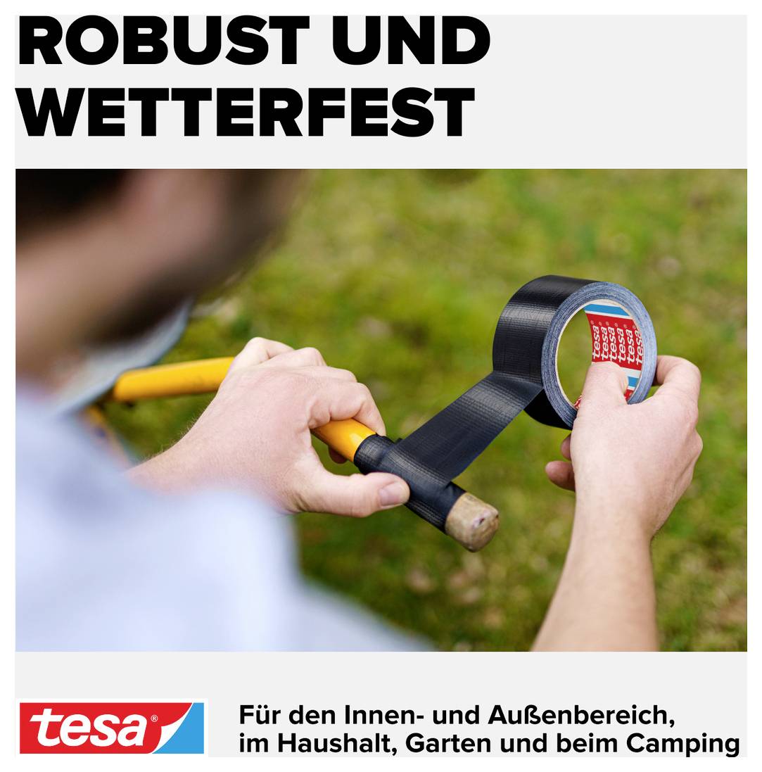 Eine Person wickelt mit schwarzem Klebeband einen Hammergriff ein. Text: 'Robust und wetterfest'. Marke: tesa. Einsatz: Haushalt, Garten, Camping.