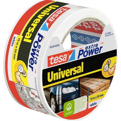 Eine Rolle 'tesa extra Power Universal' Klebeband, 10m x 50mm, dargestellt beim Versiegeln einer Schachtel und beim Befestigen eines Autolichts. Die Verpackung ist größtenteils rot und gelb.