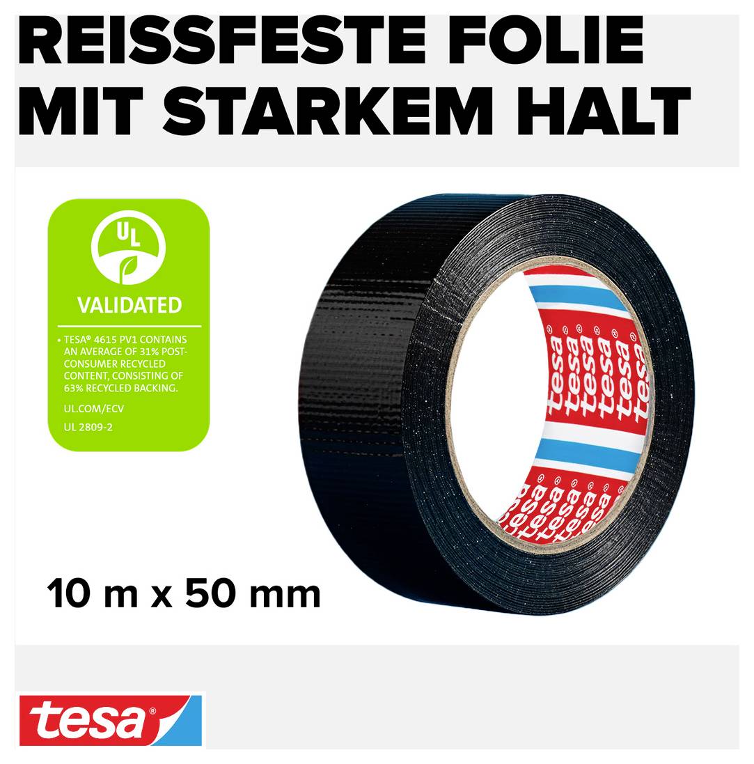 'Schwarzes Klebeband, reißfest mit starkem Halt, Maße: 10 m x 50 mm. Tesa-Marke, UL validiert, 65% recyceltes Material.'