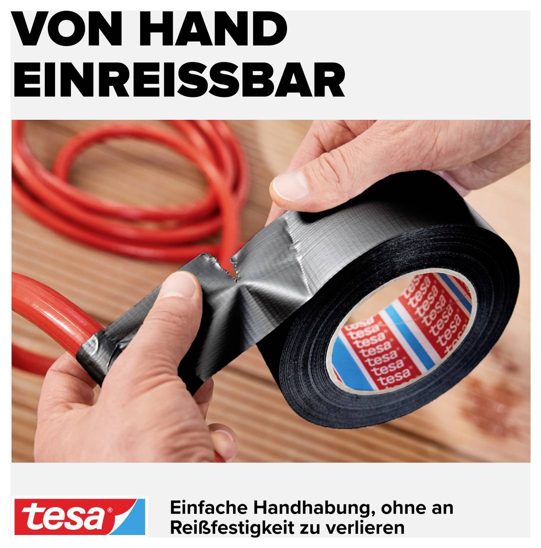 'Eine Person reißt leicht ein Stück schwarzes Klebeband von einer Rolle ab. Der Text sagt: "Von Hand einreißbar".'