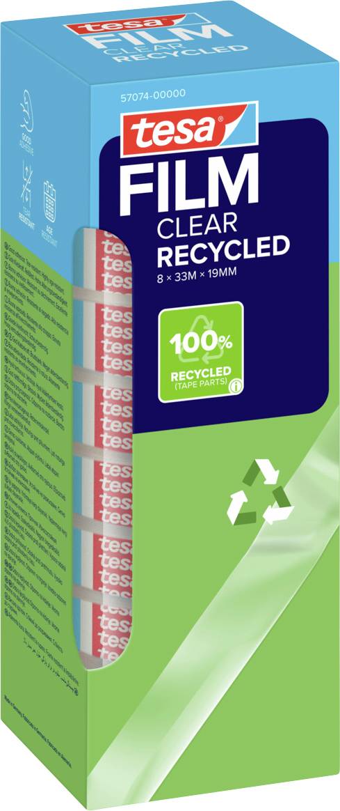 Karton mit Tesafilm, transparent und recycelt, mit 8 Rollen à 33m x 19mm. Hervorgehoben als hergestellt aus 100% recycelten Kunststoffteilen.