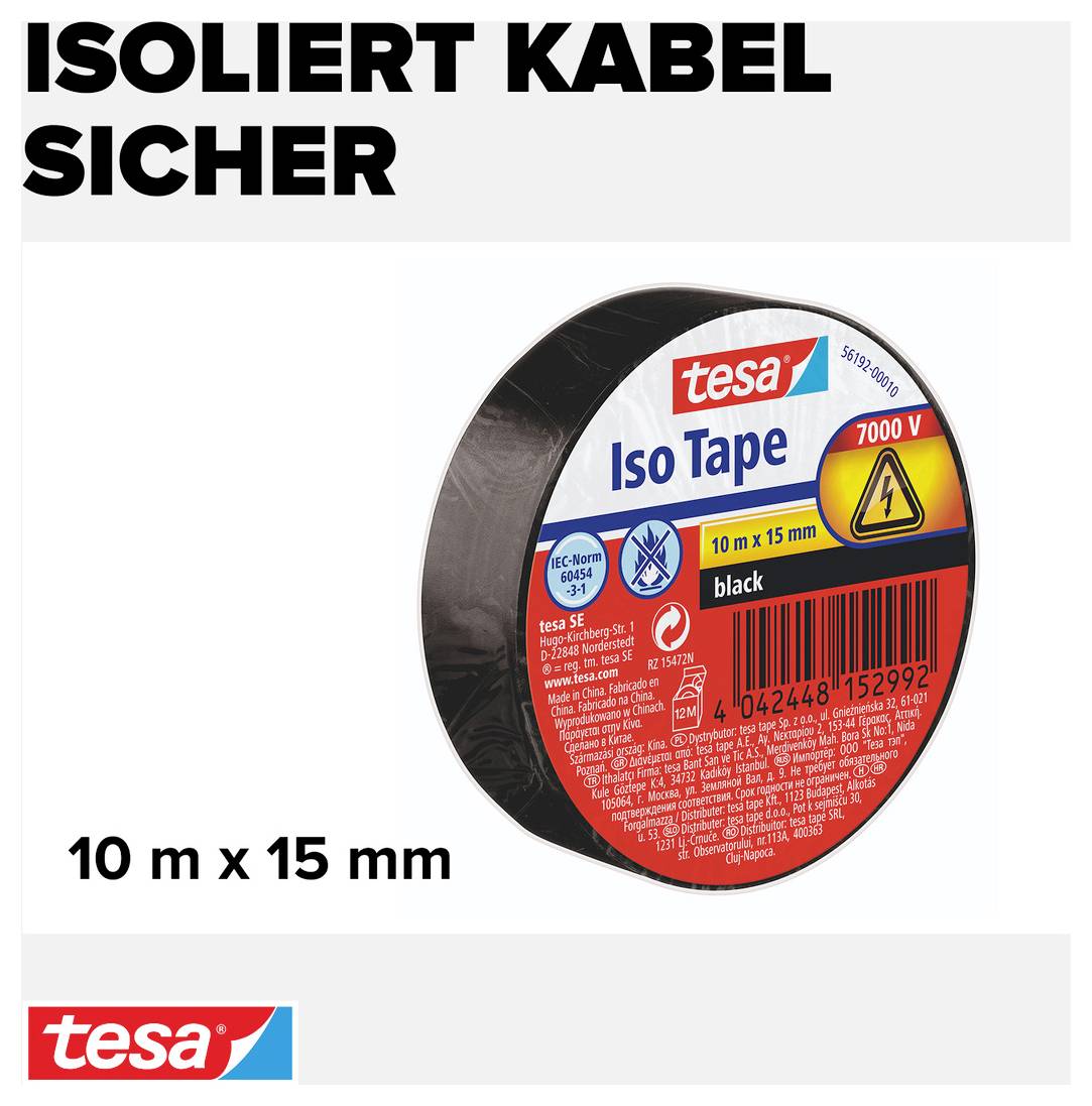 'Iso Tape' Rolle, 10 m x 15 mm, schwarz, für 7000 V Isolation, Marke Tesa, mit Warnsymbol.