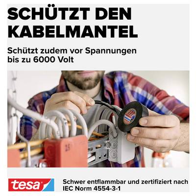 Schwarz-gelber Text: 'Schützt den Kabelmantel'. Bild zeigt eine Hand beim Anlegen eines Schutzbandes auf Kabeln.