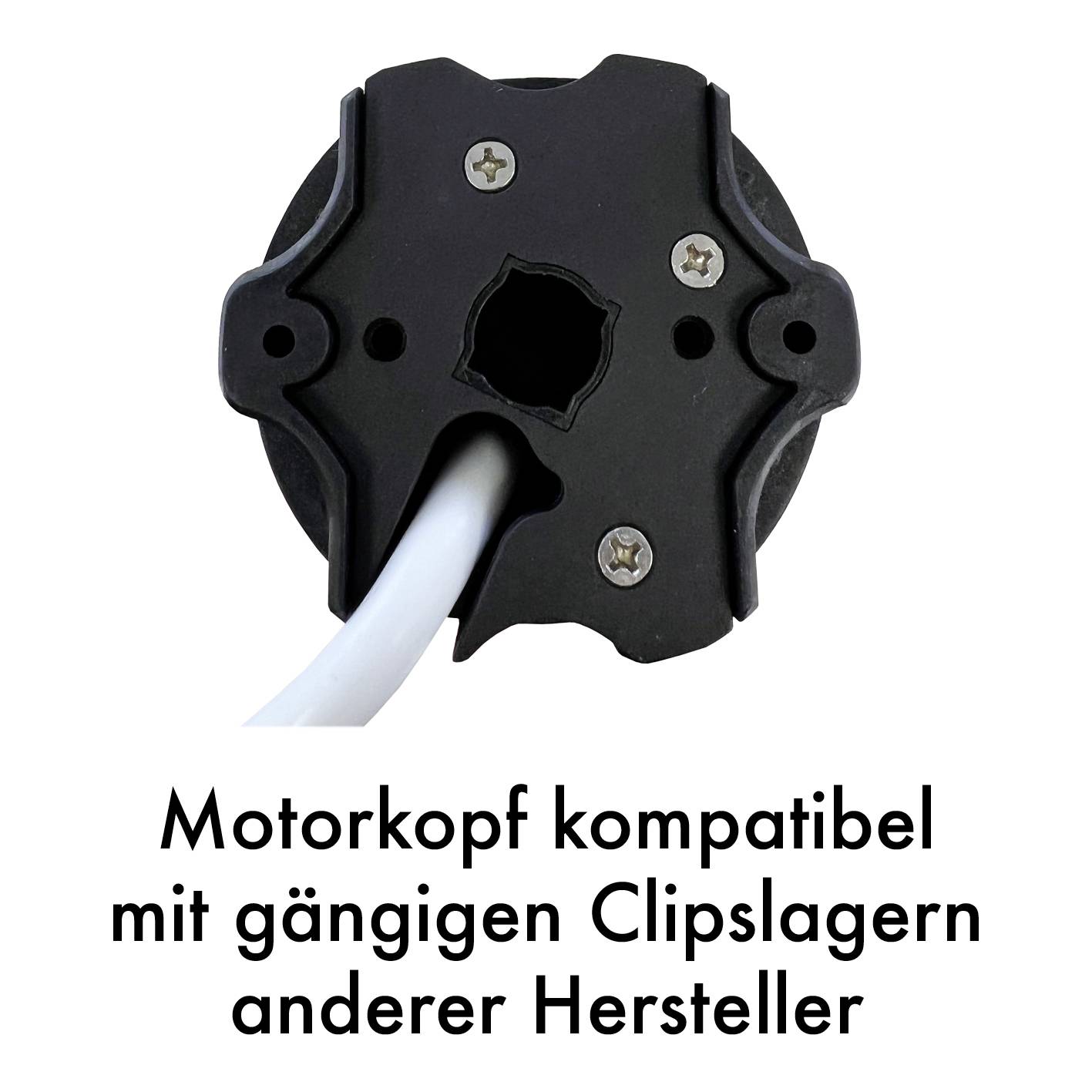 'Motorkopf kompatibel mit gängigen Clipslagern anderer Hersteller.' Schwarzer Motorkopf mit Kabelanschluss, vor weißem Hintergrund.